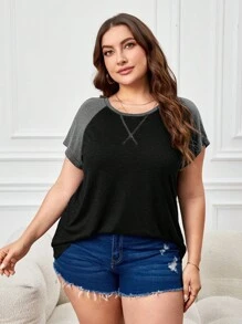 SHEIN LUNE 大碼撞色插肩袖T恤 - 黑色 - 查看 5