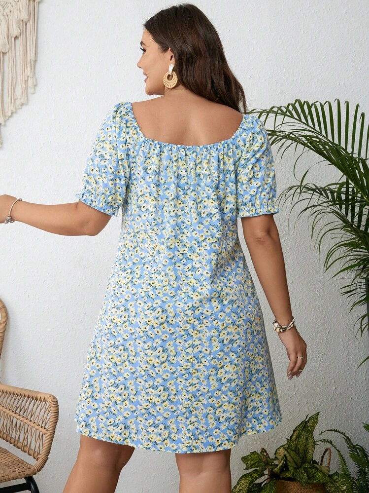 Dreamara Plus Ditsy Floral Print Drawstring Front Dress - Blue - View 2