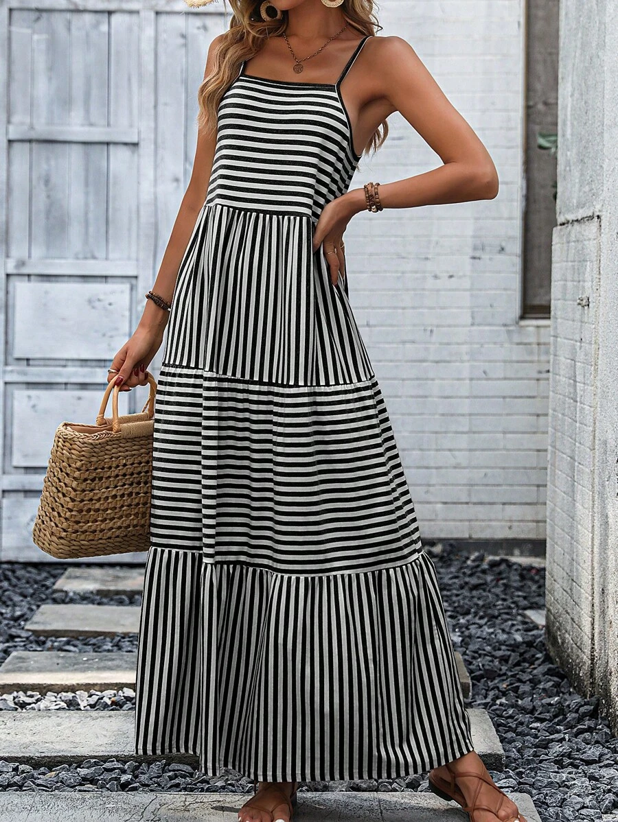 SHEIN VCAY Striped Print Ruffle Hem Cami Dress - Black and White - View 1