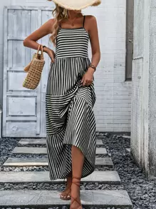 SHEIN VCAY Striped Print Ruffle Hem Cami Dress - Black and White - View 3