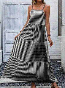 SHEIN VCAY Striped Print Ruffle Hem Cami Dress - Black and White - View 4