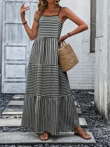 SHEIN VCAY Striped Print Ruffle Hem Cami Dress - Black and White - View 5