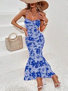 SHEIN VCAY 印花腰部鏤空魚尾裙下擺吊帶洋裝 - 藍色 - 查看 3