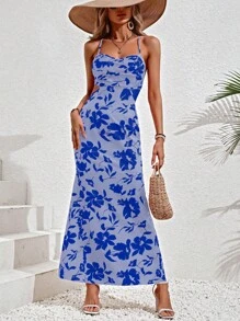 SHEIN VCAY 印花腰部鏤空魚尾裙下擺吊帶洋裝 - 藍色 - 查看 6