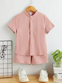 SHEIN 小男童前紐扣襯衫&短褲不帶T恤 - 珊瑚粉 - 查看 5