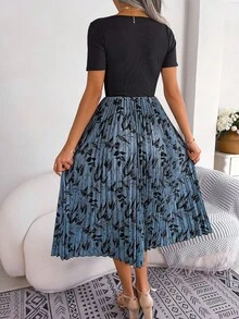 Spring And Summer Casual Basic Leaf Print Patchwork Mid-Length Pleated Dress Blue Khaki Black - Blue - View 2