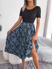 Spring And Summer Casual Basic Leaf Print Patchwork Mid-Length Pleated Dress Blue Khaki Black - Blue - View 3