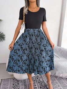 Spring And Summer Casual Basic Leaf Print Patchwork Mid-Length Pleated Dress Blue Khaki Black - Blue - View 5