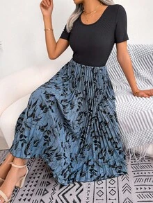 Spring And Summer Casual Basic Leaf Print Patchwork Mid-Length Pleated Dress Blue Khaki Black - Blue - View 6