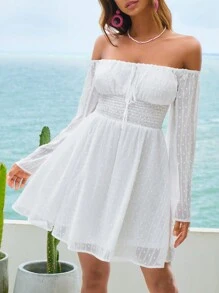 SHEIN VCAY Đầm Thắt nút Dải chun Nếp gấp Phần Ngực màu trơn Boho - trắng - Xem 1