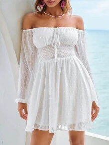 SHEIN VCAY Đầm Thắt nút Dải chun Nếp gấp Phần Ngực màu trơn Boho - trắng - Xem 5