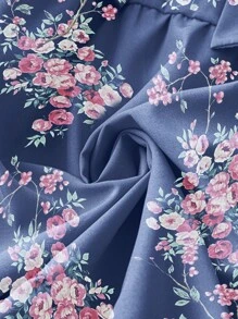 SHEIN LUNE 大碼印花交疊領繫腰帶洋裝 - 藍色 - 查看 5