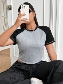SHEIN EZwear Hơn Khối màu Tay Raglan Áo phông Crop - Xám - Xem 1