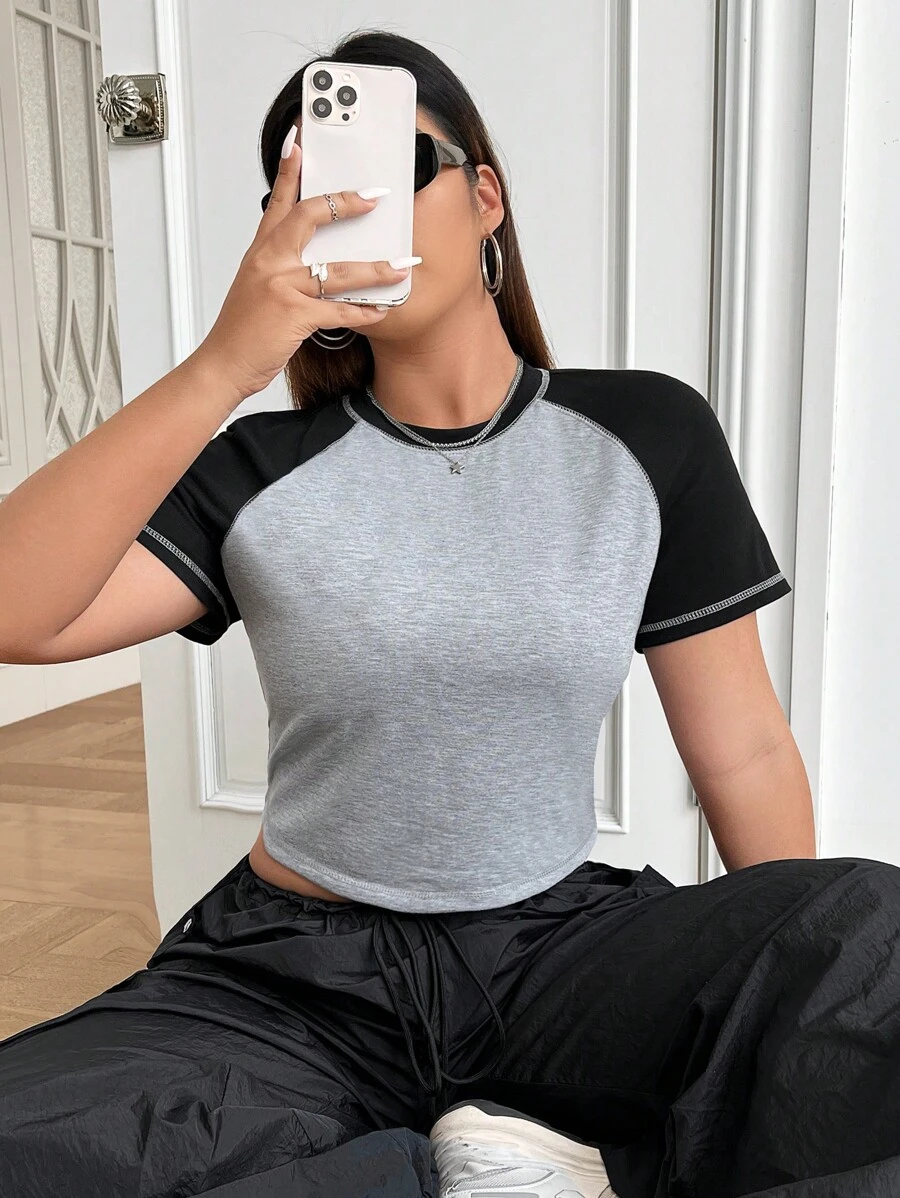 SHEIN EZwear Hơn Khối màu Tay Raglan Áo phông Crop - Xám - Xem 1
