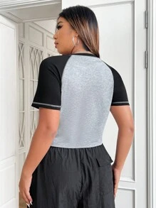 SHEIN EZwear Hơn Khối màu Tay Raglan Áo phông Crop - Xám - Xem 2