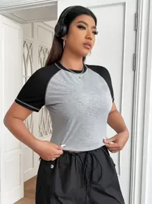 SHEIN EZwear Hơn Khối màu Tay Raglan Áo phông Crop - Xám - Xem 3