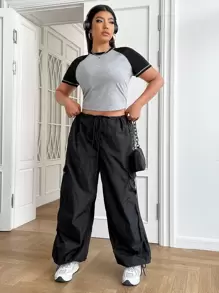 SHEIN EZwear Hơn Khối màu Tay Raglan Áo phông Crop - Xám - Xem 4