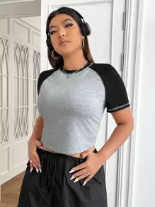 SHEIN EZwear Hơn Khối màu Tay Raglan Áo phông Crop - Xám - Xem 5