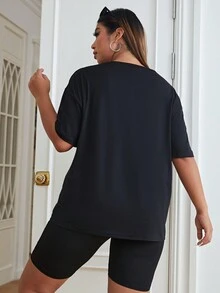 SHEIN EZwear Plus Letter Graphic Drop Shoulder Tee - Black - View 2