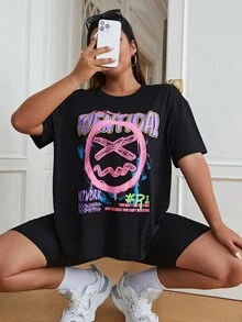 SHEIN EZwear Plus Letter Graphic Drop Shoulder Tee - Black - View 5