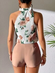 SHEIN PETITE Bộ đồ hai mảnh nữ Thắt nút Buộc lại Quần paper-bag Hoa Boho - Màu Cam san hô - Xem 2