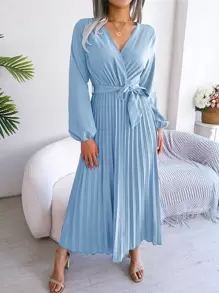 Surplice Neck Lantern Sleeve Pleated Hem Belted Dress - Baby Blue - View 1