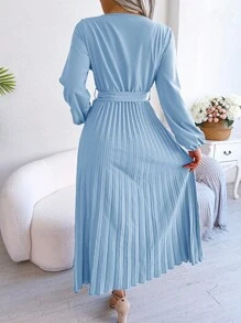 Surplice Neck Lantern Sleeve Pleated Hem Belted Dress - Baby Blue - View 2