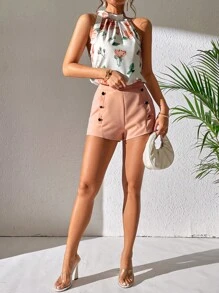 SHEIN PETITE Bộ đồ hai mảnh nữ Thắt nút Buộc lại Quần paper-bag Hoa Boho - Màu Cam san hô - Xem 5