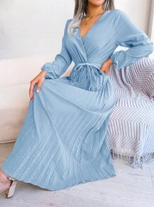 Surplice Neck Lantern Sleeve Pleated Hem Belted Dress - Baby Blue - View 3