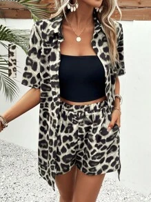 SHEIN VCAY 豹紋印花襯衫和彈性腰帶短褲 - 彩色 - 查看 1