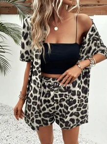 SHEIN VCAY 豹紋印花襯衫和彈性腰帶短褲 - 彩色 - 查看 4