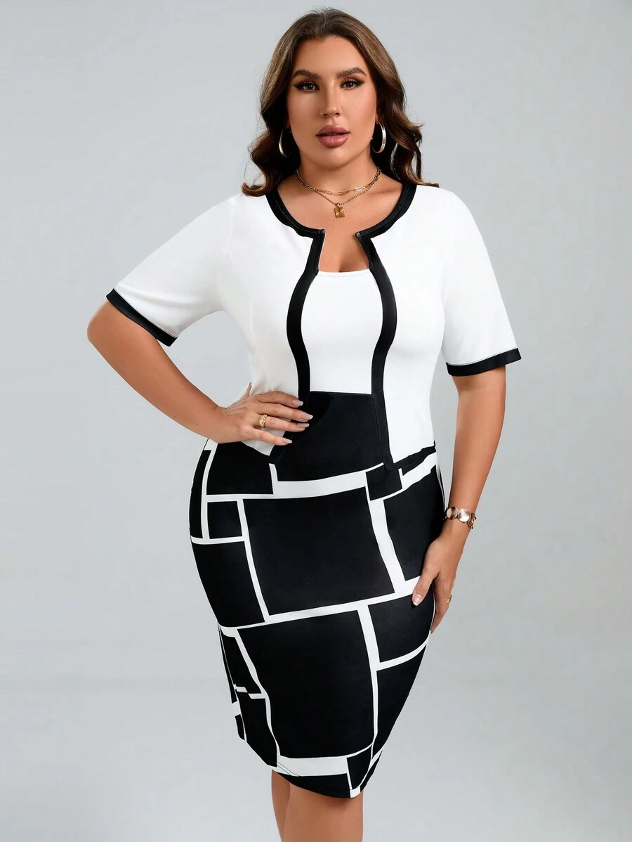 SHEIN Clasi Đầm Plus Size Chia Tương phản ràng buộc Khối Màu Hình học Thanh lịch - Đen và trắng - Xem 1