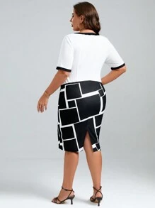 SHEIN Clasi Đầm Plus Size Chia Tương phản ràng buộc Khối Màu Hình học Thanh lịch - Đen và trắng - Xem 2
