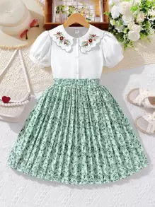 SHEIN 女大童花卉刺繡彼得潘領泡泡袖襯衫和百褶半身裙 - 彩色 - 查看 1