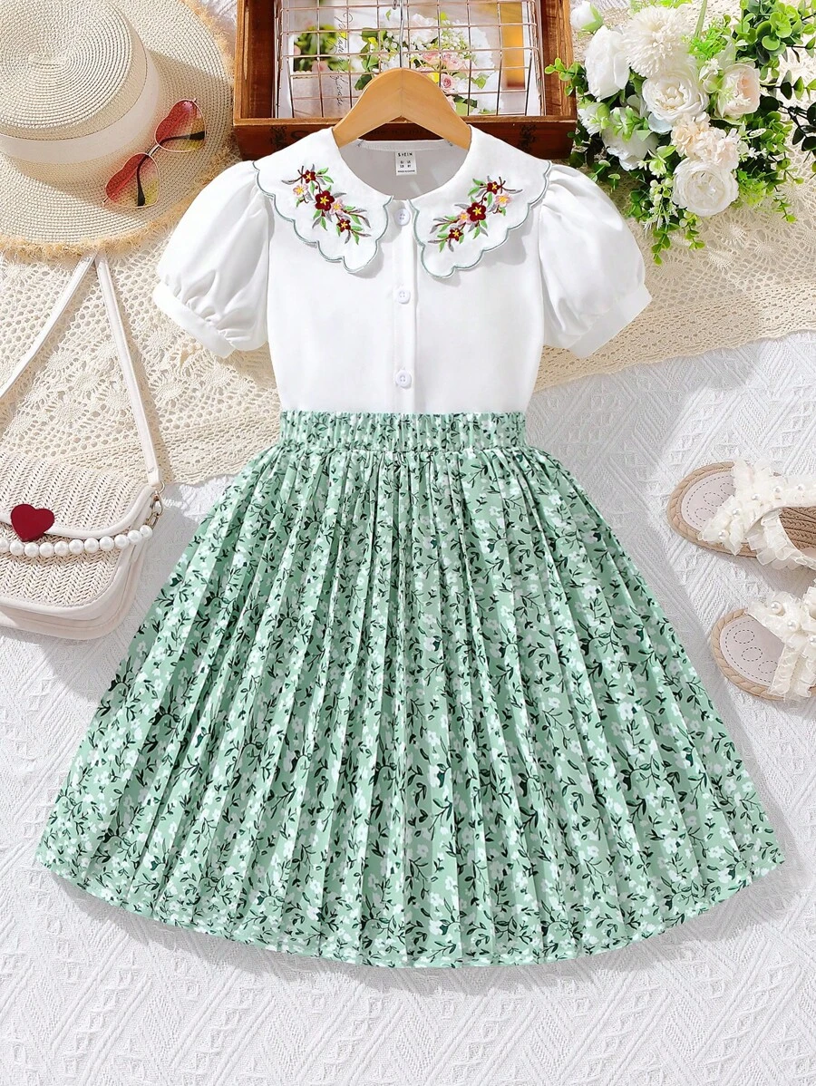 SHEIN 女大童花卉刺繡彼得潘領泡泡袖襯衫和百褶半身裙 - 彩色 - 查看 1