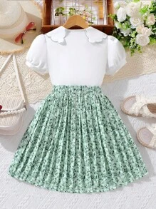 SHEIN 女大童花卉刺繡彼得潘領泡泡袖襯衫和百褶半身裙 - 彩色 - 查看 2