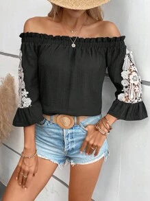 SHEIN VCAY 水溶蕾絲拼接一字肩襯衫