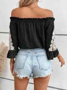 SHEIN VCAY 水溶蕾絲拼接一字肩襯衫