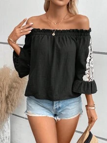 SHEIN VCAY 水溶蕾絲拼接一字肩襯衫