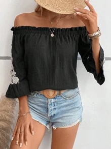 SHEIN VCAY 水溶蕾絲拼接一字肩襯衫