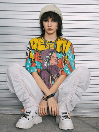 Nacheramosart Camiseta de hombros caídos con estampado de figura