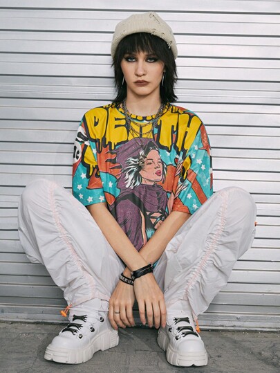 Nacheramosart Camiseta de hombros caídos con estampado de figura