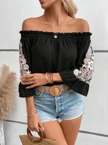 SHEIN VCAY 水溶蕾絲拼接一字肩襯衫