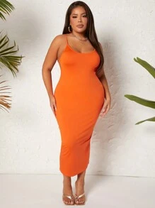 SHEIN SXY Đầm Plus Size Lộ Lưng Cắt ra màu trơn Gợi cảm - trái cam - Xem 2