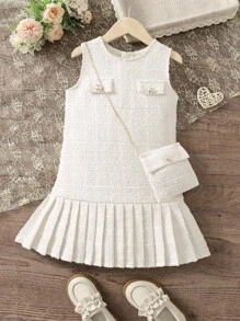 SHEIN Young Girl Pleated Hem Tweed Dress - White - View 1