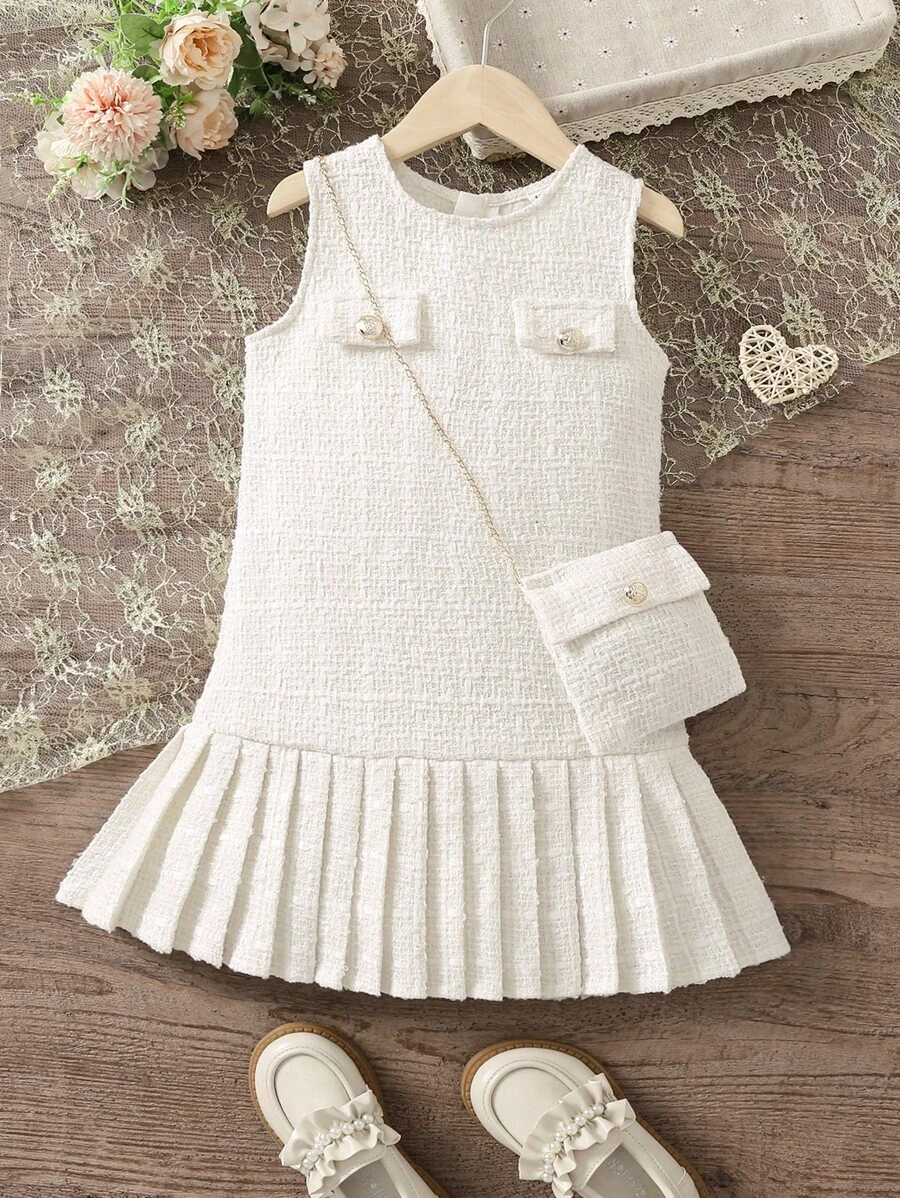 SHEIN Young Girl Pleated Hem Tweed Dress - White - View 1