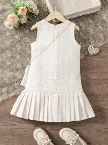 SHEIN Young Girl Pleated Hem Tweed Dress - White - View 2
