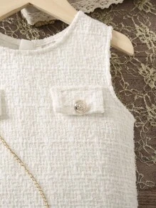 SHEIN Young Girl Pleated Hem Tweed Dress - White - View 6