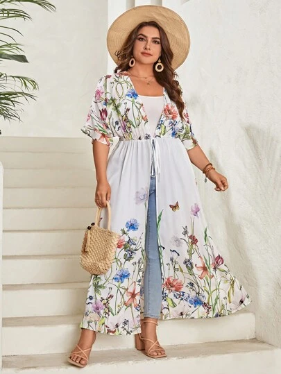 EMERY ROSE 大碼印花前繫帶和服罩衫