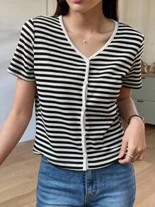 DAZY Camiseta De Rayas Con Botones En La Parte Delantera - Negro - Ver 7